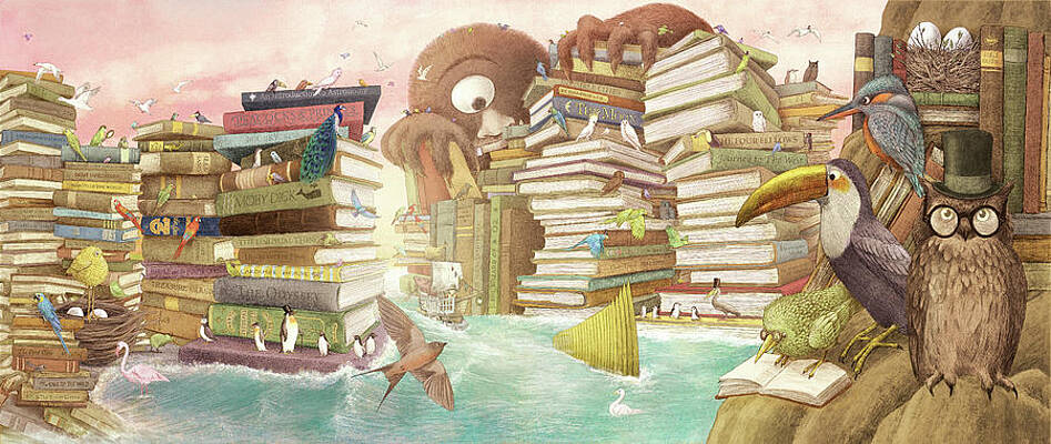 Fantasy Library Islands with Birds Wall Art
