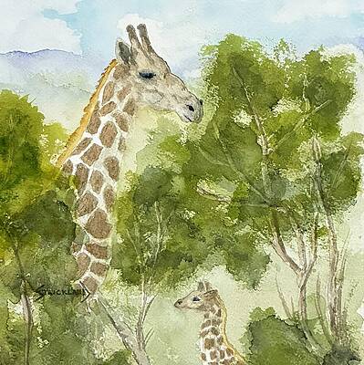 Giraffes in a Lush Landscape Painting