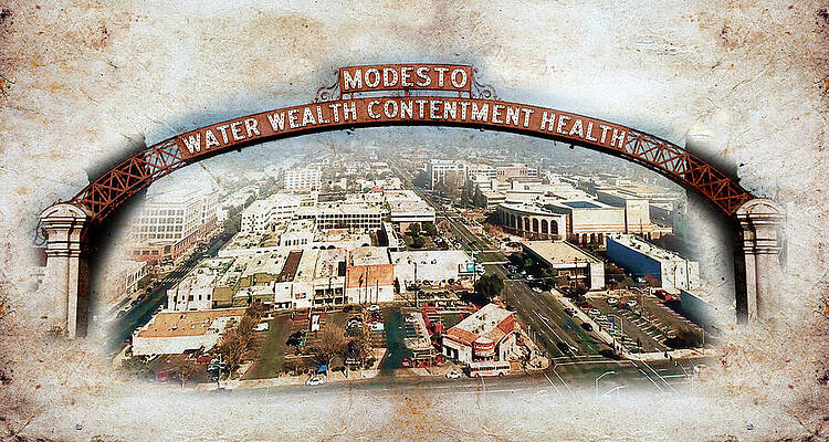 Digital Art - The Modesto Arch And A Panorama Of Downtown Modesto, On Old Paper by Nicko Prints