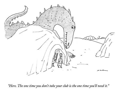 Dinosaurs Wall Art featuring the drawing The One Time You Don't Take Your Club by Michael Maslin