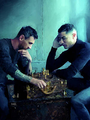 Wall Art featuring the painting Cristiano Ronaldo And Lionel Messi Playing Chess Together by Gradify Creations