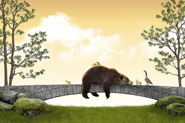 Bear and Goose Family on Stone Bridge Digital Art