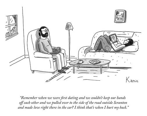 Couple Reminiscing in Living Room Drawing