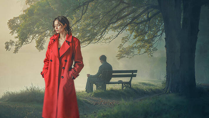 Woman in Red Coat by Park Bench Print