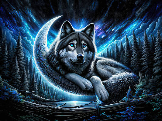 Majestic Wall Art featuring the digital art The Wolf's Cosmic Watch by Bill And Linda Tiepelman