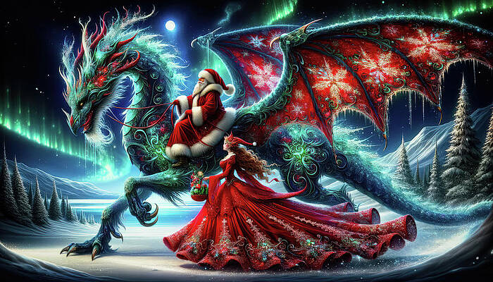 Majestic Wall Art featuring the digital art The Yuletide Dragon Ride by Bill and Linda Tiepelman