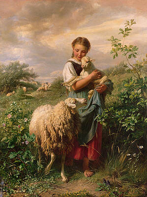 Girl Tending Sheep in Nature Painting