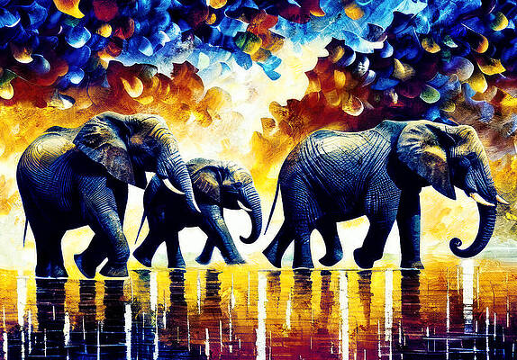 Vibrant Wall Art featuring the digital art Three Elephants Walking On A Wet Surface - Colorful Digital Painting In Blue, Yellow And Red by Nicko Prints