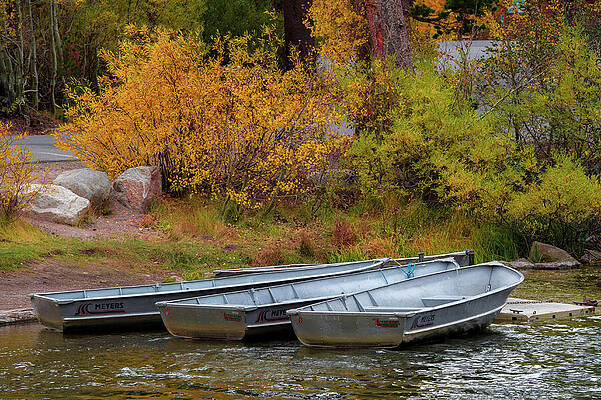 Wall Art featuring the photograph Three Metal Boats On Lower Twin, Mamoth Lakes by Bonnie Colgan