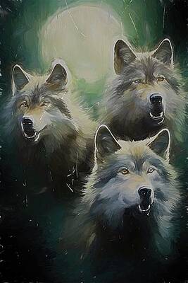 Wildlife Digital Art - Three Moon Wolves by Nature Oil Painting
