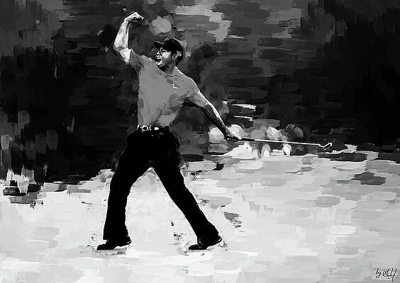 Expressive Digital Art - Dancing Star, Tiger Woods In Black And White by Gradify Creations