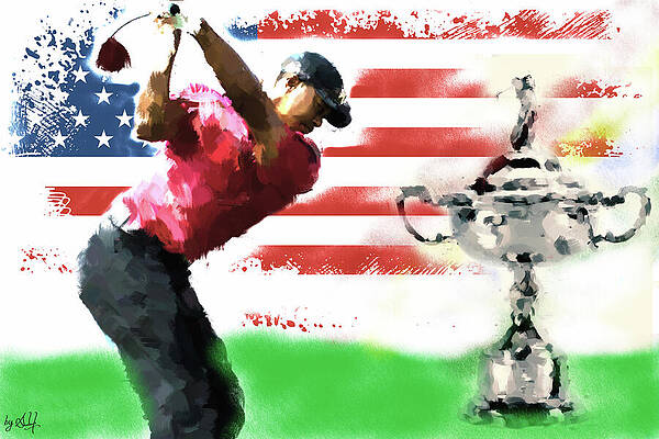 Sports Wall Art featuring the digital art Tiger Woods Wins Trophies For America by Gradify Creations