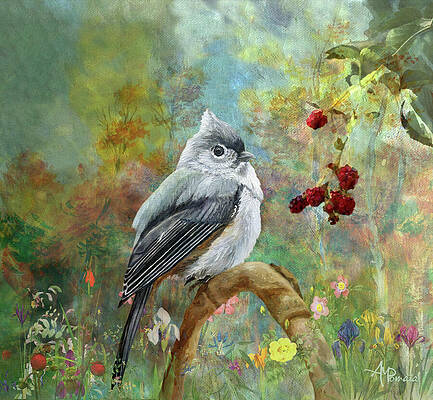 Wall Art featuring the painting Titmouse In The Berries Garden by Angeles M Pomata