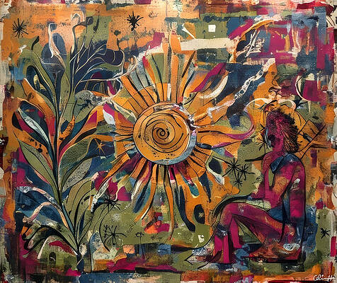 Abstract Sun and Contemplative Figure Wall Art