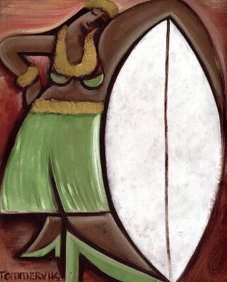 Hawaii Wall Art featuring the painting Hawaiian Hula Girl With Surfboard Art Print by Tommervik