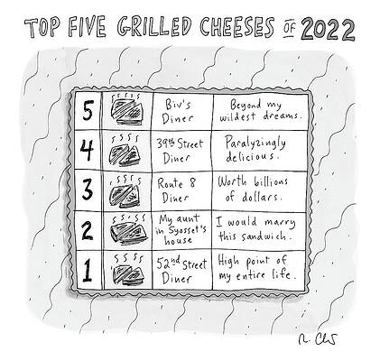 Dream Wall Art featuring the drawing Top Five Grilled Cheeses Of 2022 by Roz Chast