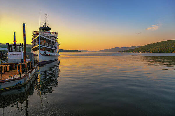 Wall Art featuring the photograph Tour Boat On Lake George At Sunset, With Adirondack Mountains In New York State by Miroslav Liska