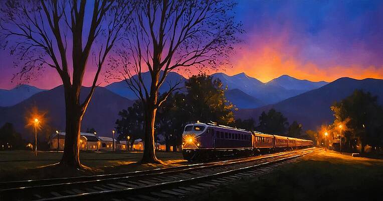 Mountain Wall Art featuring the digital art Train In A Mountainous Region Under A Beautiful Violet Twilight Sky - Digital Painting by Nicko Prints