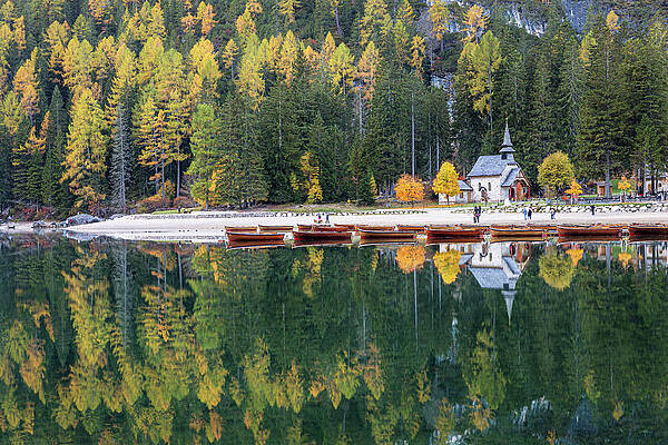 Tranquil Lake Braies with Autumn Trees by Elvira Peretsman