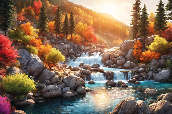 Tranquil Mountain Waterfall at Sunset Wall Art