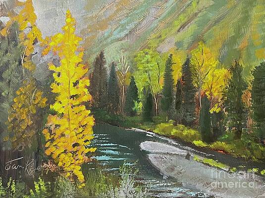 Tranquil River in Autumn Forest Painting