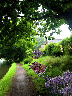 Tranquil Riverside Path with Bench Photograph