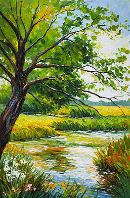 Nature Digital Art - Tree By A Marshy River In The Summer - Impressionist Painting by Nicko Prints