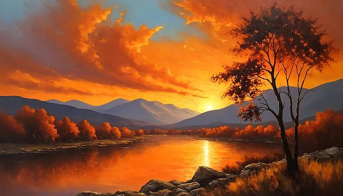 Mountain Wall Art featuring the digital art Tree By The Lake With Mountains In The Distance Under An Orange Sunset Sky - Painting by Nicko Prints