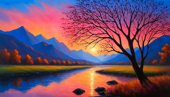 Mountain Wall Art featuring the digital art Tree By The River With Mountains In The Distance Under A Pink And Orange Sunset Sky by Nicko Prints