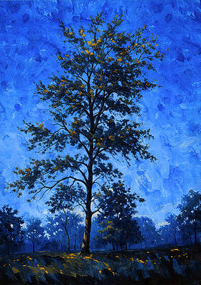 Nature Digital Art - Tree On A Dark Blue Sky Background - Digital Painting by Nicko Prints