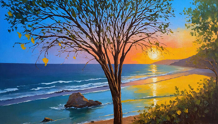 Nature Digital Art - Tree On The Beach Under A Beautiful Sunset Sky - Digital Painting by Nicko Prints