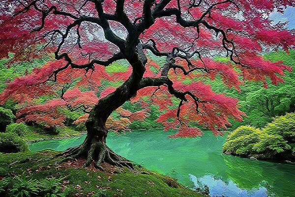 Serene Digital Art - Tree Painting Of Japanese Maple Tree by Nature Oil Painting
