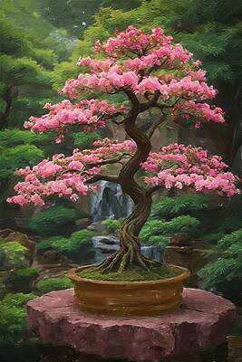 Serene Digital Art - Tree Painting Of Pink Japanese Bonsai Acacia Tree by Nature Oil Painting