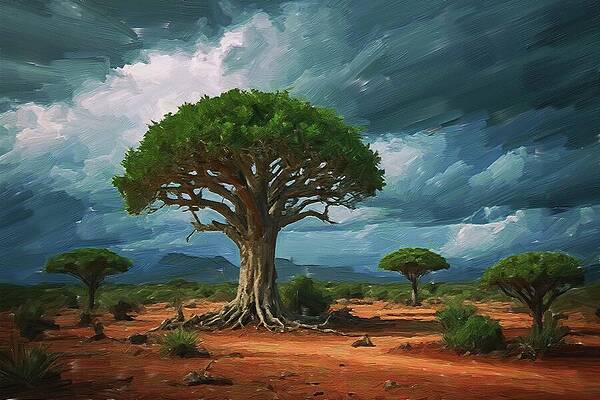 Tree Digital Art - Tree Painting Of Socotra Dragon Tree Under Dramatic Stormy Skies by Nature Oil Painting