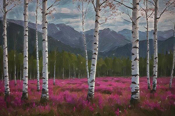 Serene Digital Art - Tree Paintings Of Peaceful Birch Trees And Mountains by Nature Oil Painting