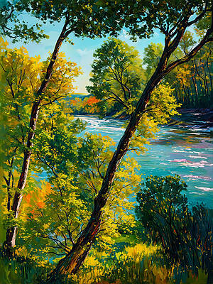 Nature Digital Art - Trees By The River - Digital Painting With Vibrant Palette by Nicko Prints