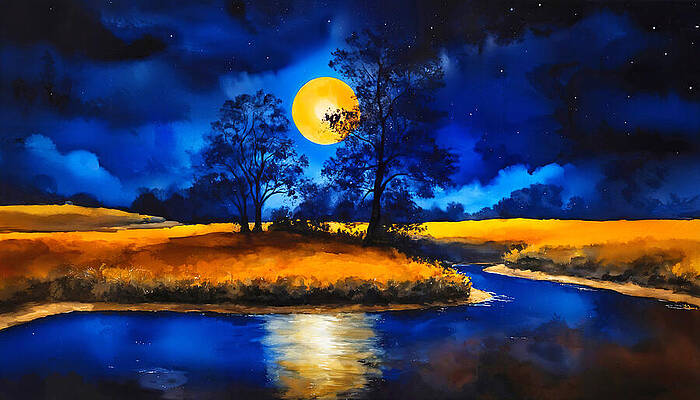 Vibrant Wall Art featuring the digital art Trees On The Bank Of A River Under A Full Moon - Digital Painting In Blue And Orange Hues by Nicko Prints