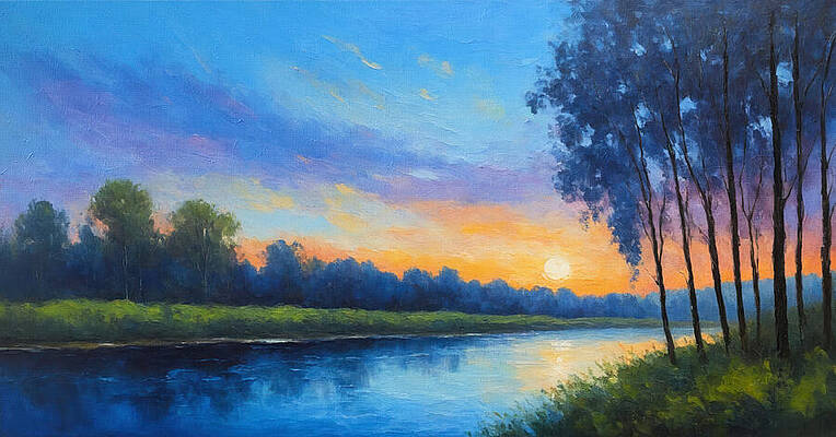 Nature Digital Art - Trees On The Banks Of A River Under A Beautiful Blue Sunset Sky - Digital Painting by Nicko Prints