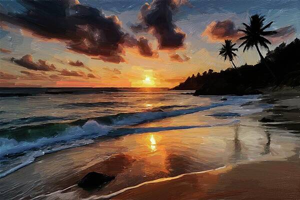 Serene Digital Art - Beach Sunset Oil Painting by Nature Oil Painting