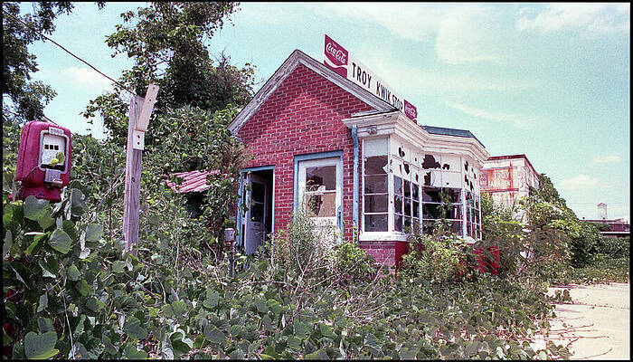 Abandoned Brick Diner with Overgrowth Wall Art