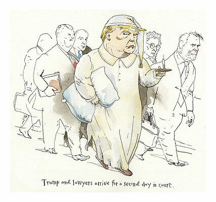 Court Painting - Trump On Trial. The Defense Rests by Barry Blitt