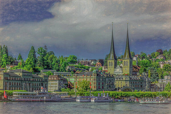 Serene Photograph - Twin Spires Of Lucerne, Painterly by Marcy Wielfaert
