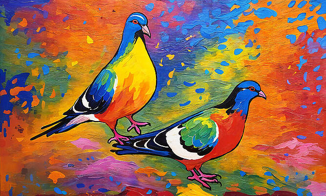 Vibrant Wall Art featuring the digital art Two Colorful Pigeons Against A Vibrant Painterly Background - Digital Painting by Nicko Prints