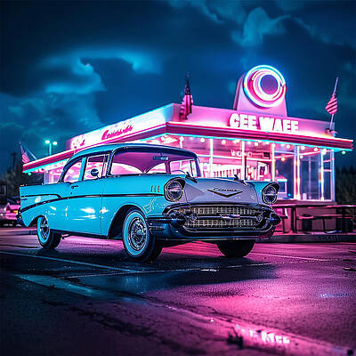 Reflection Photograph - Two Door Chevy Neon Diner by Printed View