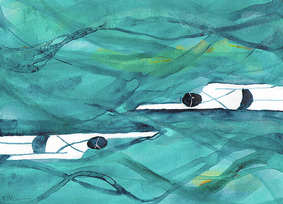 Swimming Wall Art featuring the mixed media Two Girls Swim Dark Blue Hoziontal by Mary Conner