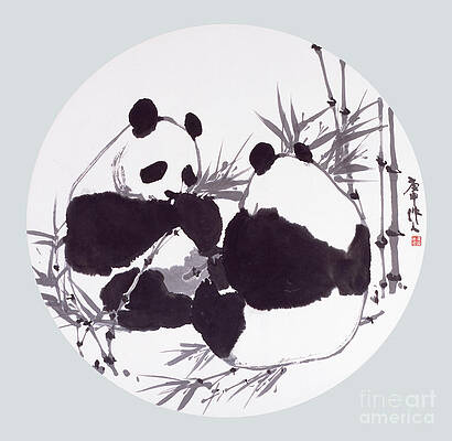 China Painting - Two Pandas Eating by Wu Zuoren