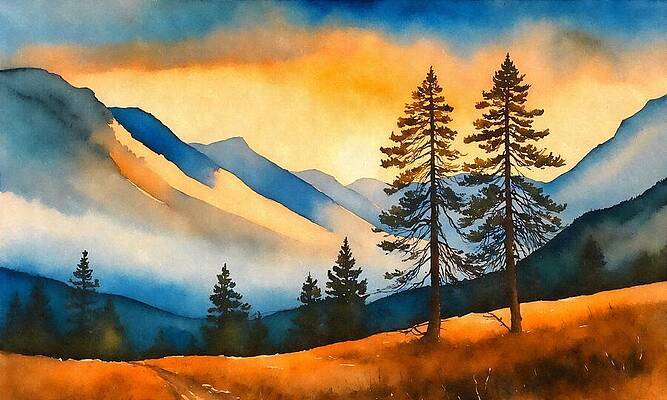 Mountain Wall Art featuring the digital art Two Pine Trees And Mountains Seen In The Distance At Sunset - Watercolor Painting by Nicko Prints