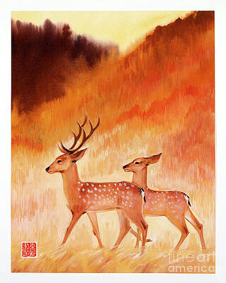 Wall Art featuring the painting Two Sika Deer by Zhang Kerang