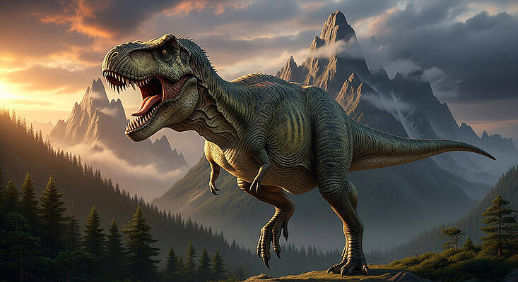 Nature Wall Art featuring the ai art Tyrannosaurus Roams Majestic Mountains by The Luxury Art Collection