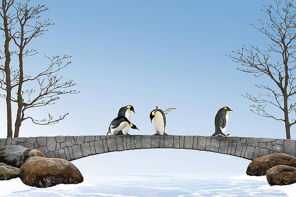 Penguins on a Stone Bridge Wall Art